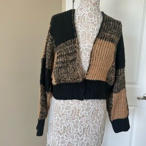 Chunky Colorblock V-Neck Women’s Sweater Cardigan - Black & Tan